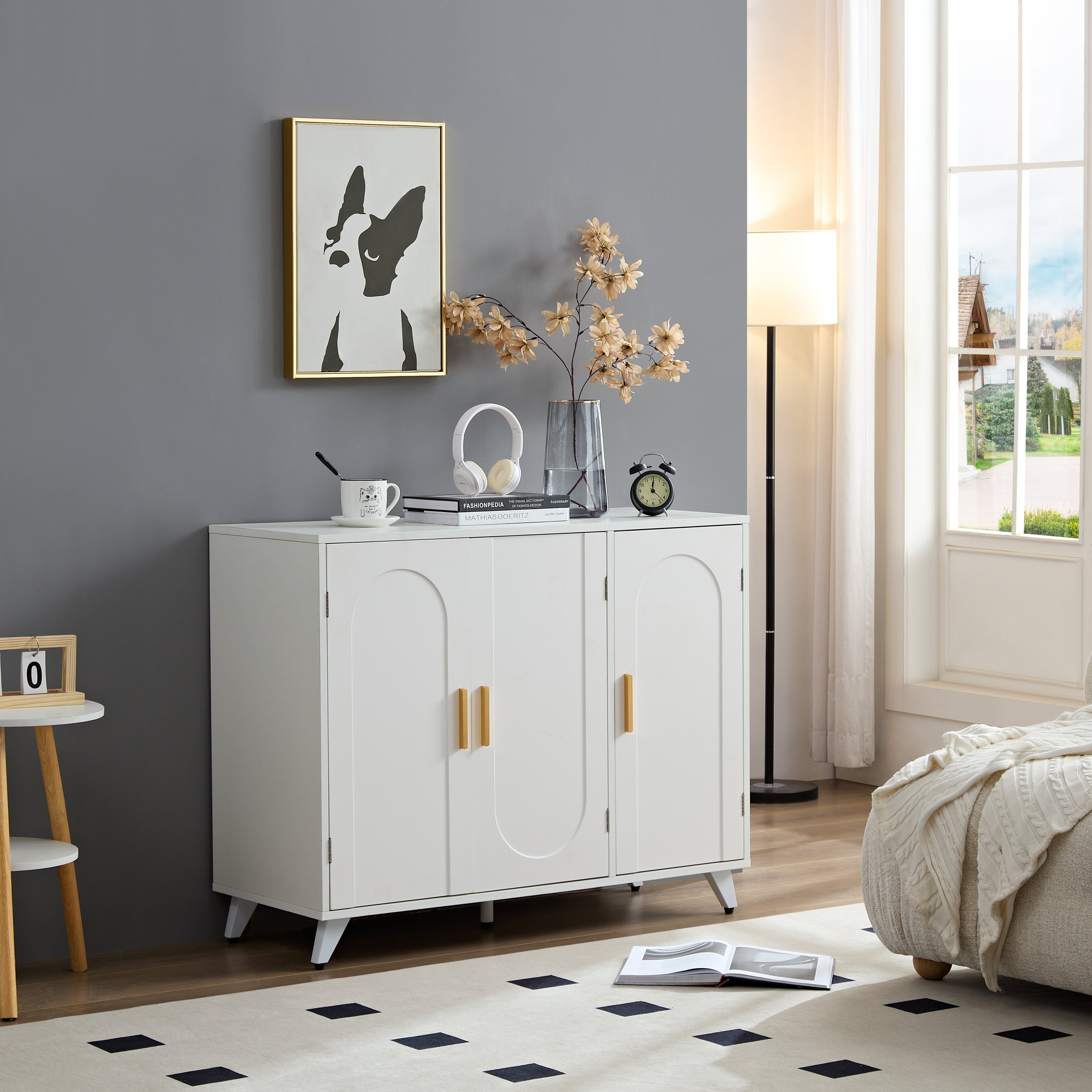 Sideboard Buffet cabinet with 3 doors and removable shelves, for living room, dining room, ivory white