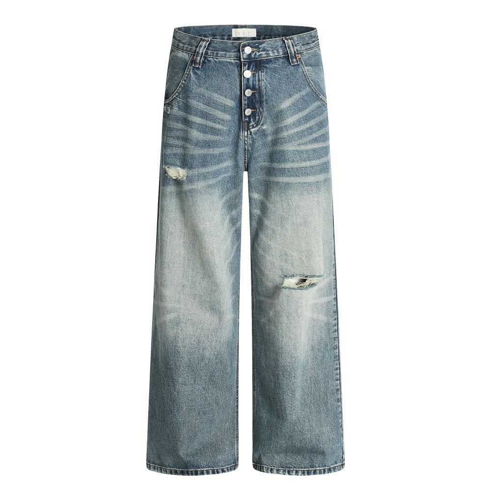Hole-Washed Denim Long Pants Men's Loose Faded Whitewashed Wide-Leg Straight Trousers European and American Street Fashion Versatile Dad Pants
