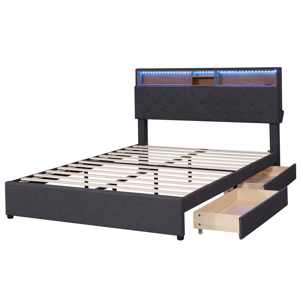 Queen Size Upholstered Platform Bed with Storage Headboard, LED, USB Charging and 2 Drawers Dark Gray
