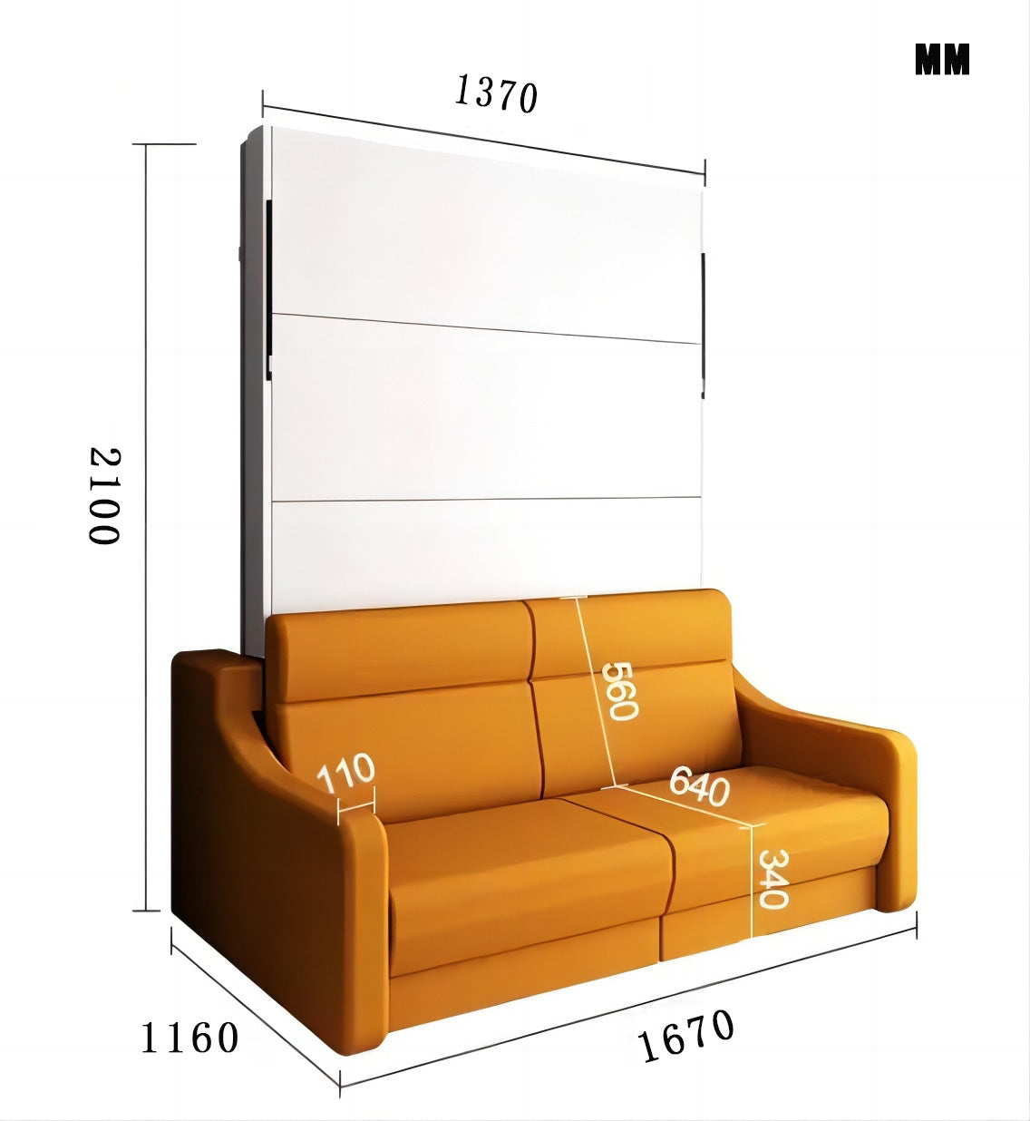 Full size Morden Deisgn vertical Murphy bed with sofa and drawers, white wall bed, space saving hidden bed with new gas pillars