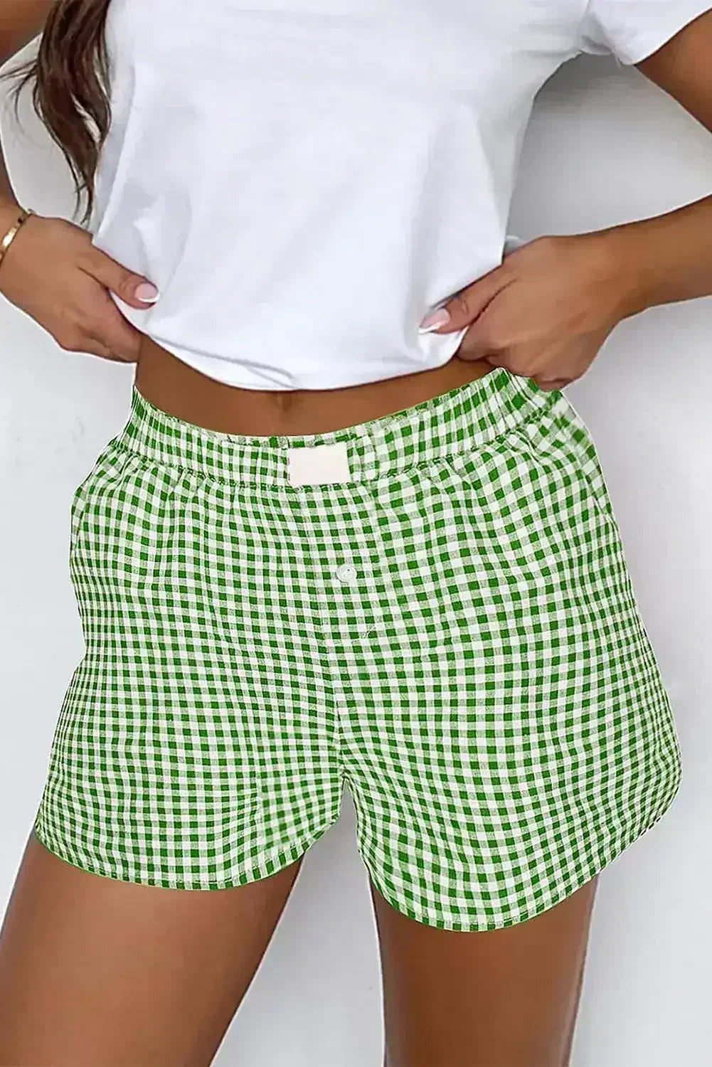 Blue Vintage Gingham Print High Waisted Loose Shorts