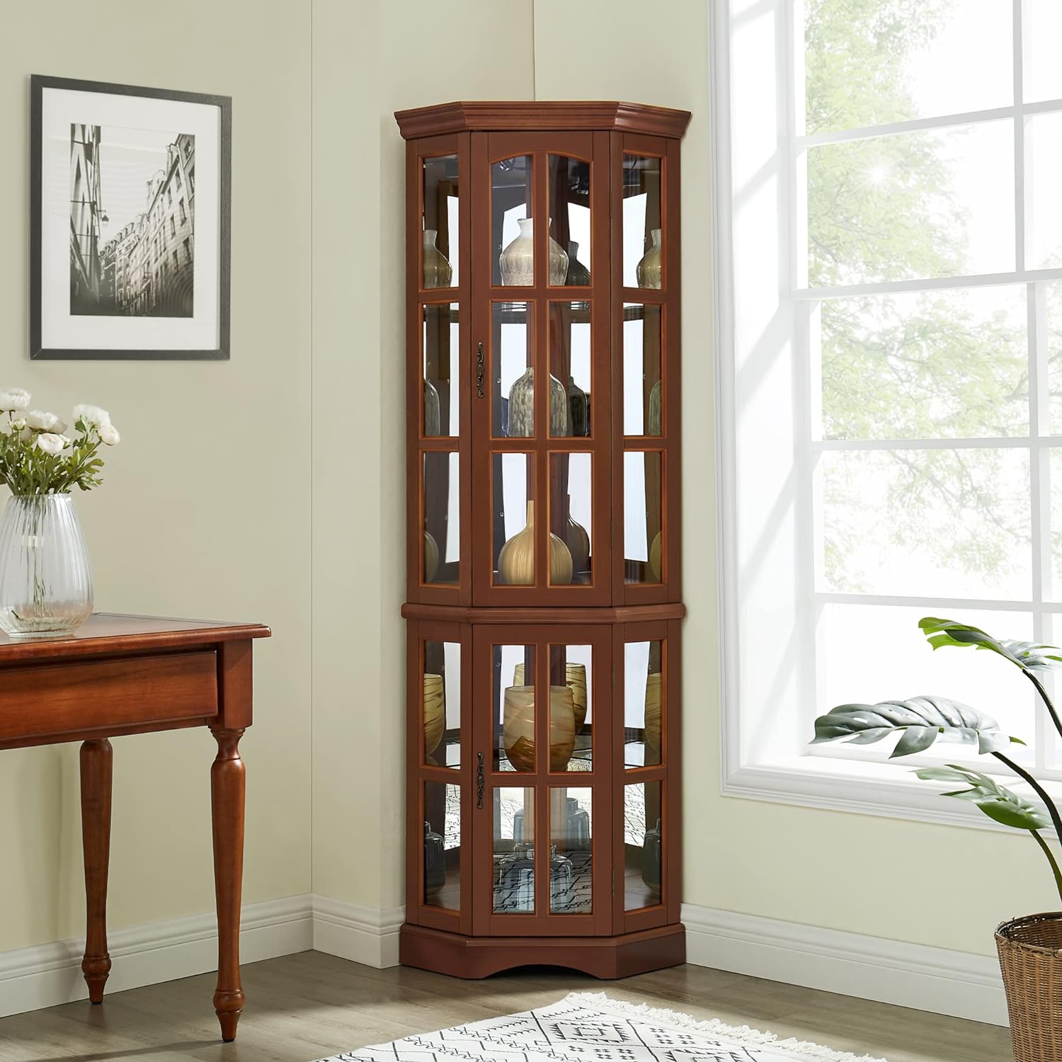 Corner Curio Cabinet with 5 Shelves and Lighting System, Walnut(E26 light bulb not included)