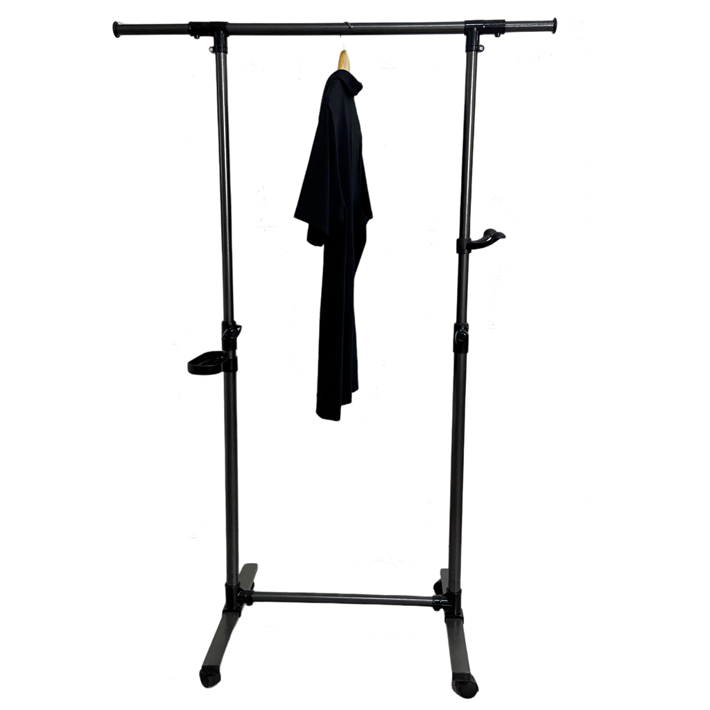 Short clothes hanger with chassis and wheels, heavy-duty rolling clothes hanger, black