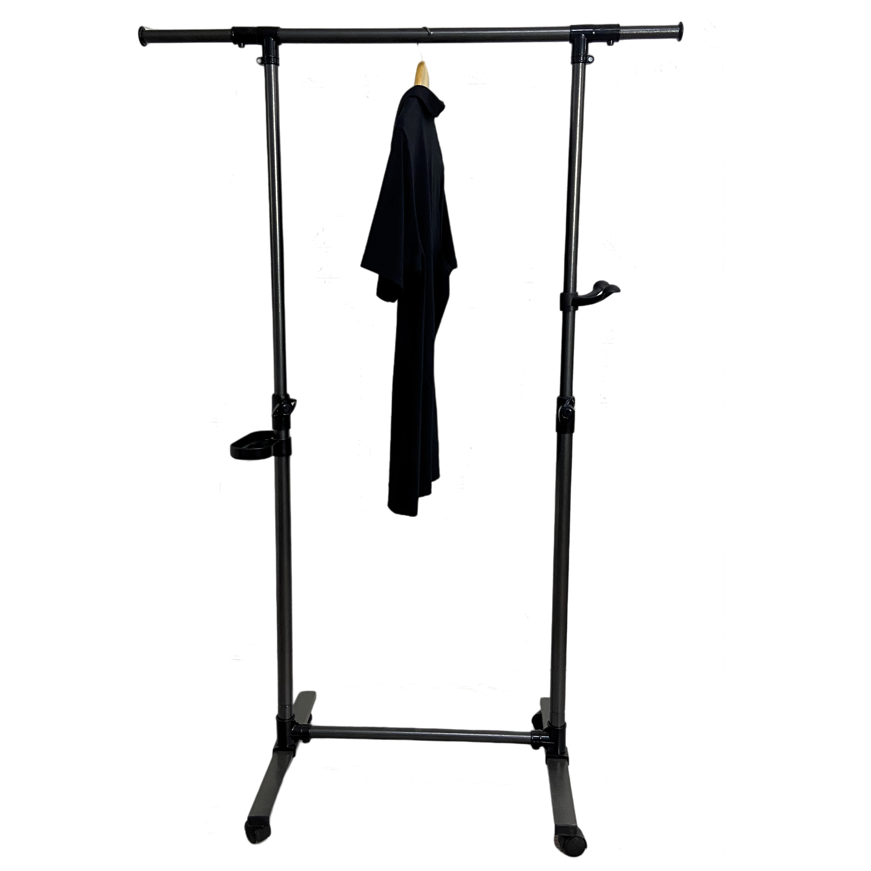 Short clothes hanger with chassis and wheels, heavy-duty rolling clothes hanger, black