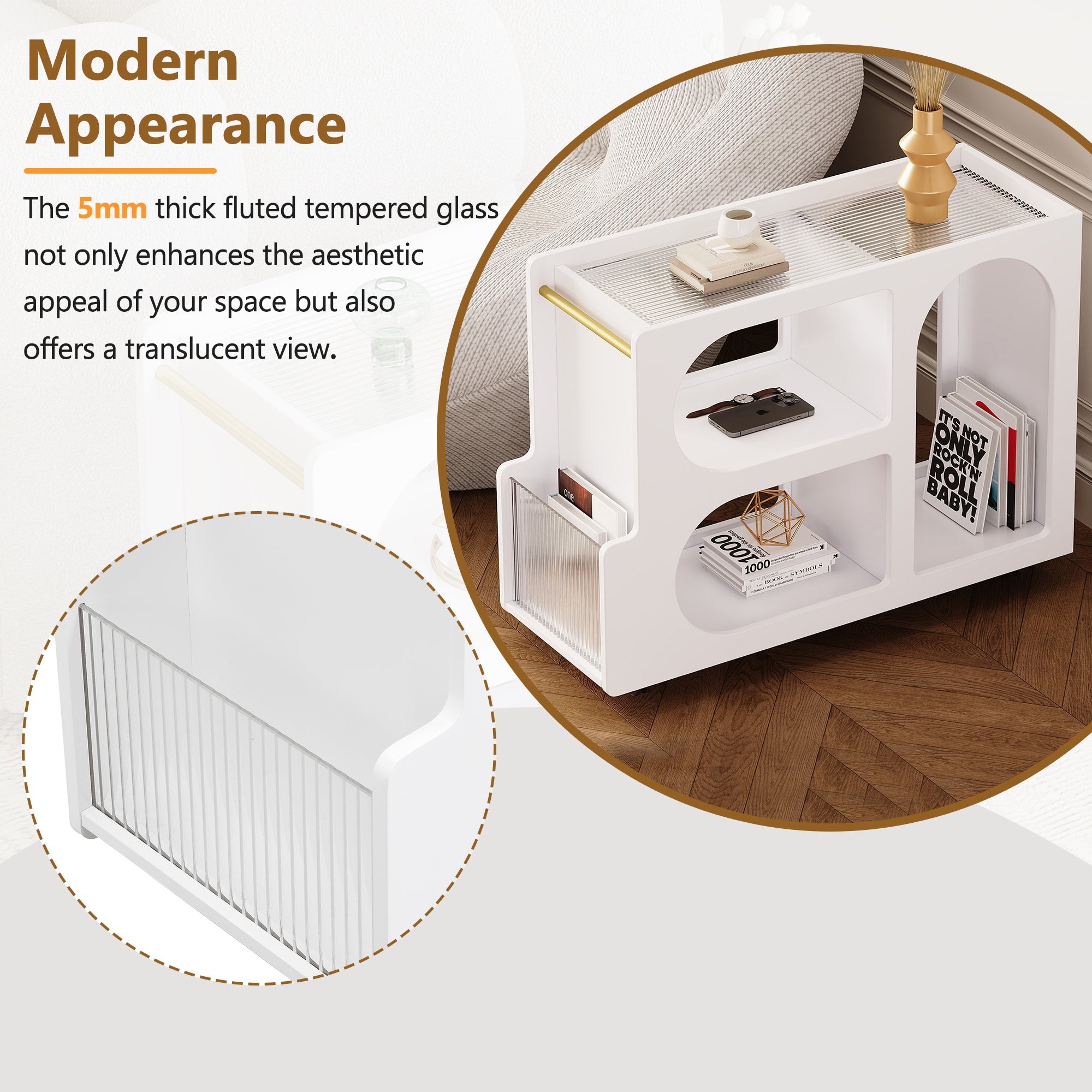 Stylish mobile desk with lockable wheels, white bedside table with 5mm thick grooved tempered glass and gold round bars