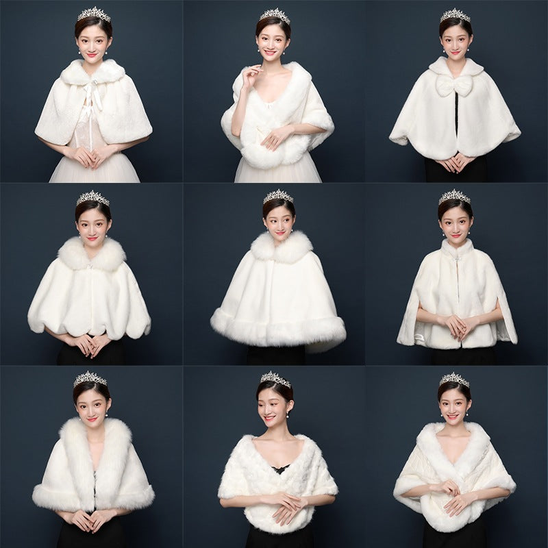 Bride's wedding dress fur shawl women's warm white cloak cheongsam jacket red cloak