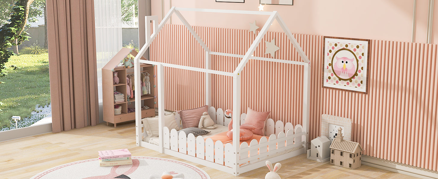 (Slats are not included) Full Size Wood Bed House Bed Frame with Fence for Kids Teens Girls Boys (White )