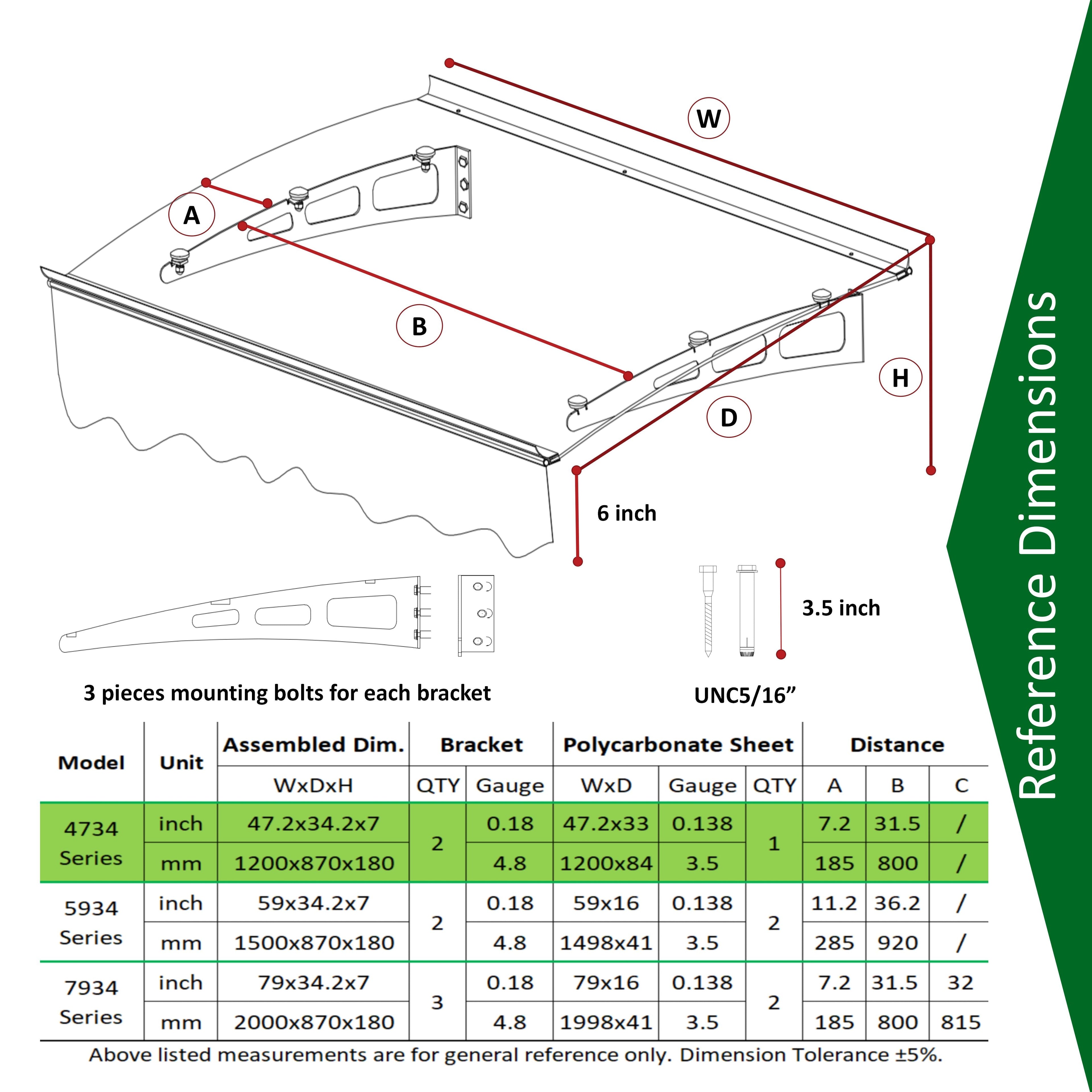 GarLUGH DA4734W Series Door Window Awning Made of 0.137 Inch Thick Crystal Solid Polycarbonate Sheet in size of 47" Wide x 34"