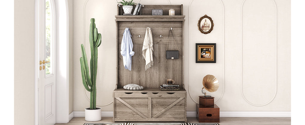 Hall tree with storage desk, entrance desk with drawers and 5 hooks, display rack,Oak
