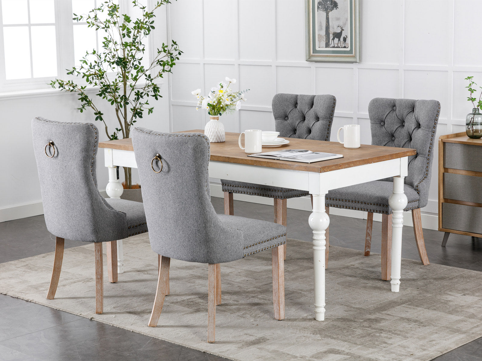 High-end Tufted Solid Wood Contemporary Flax Upholstered Linen Dining Chair with Wood Legs Nailhead Trim 2-Pcs Set Gray