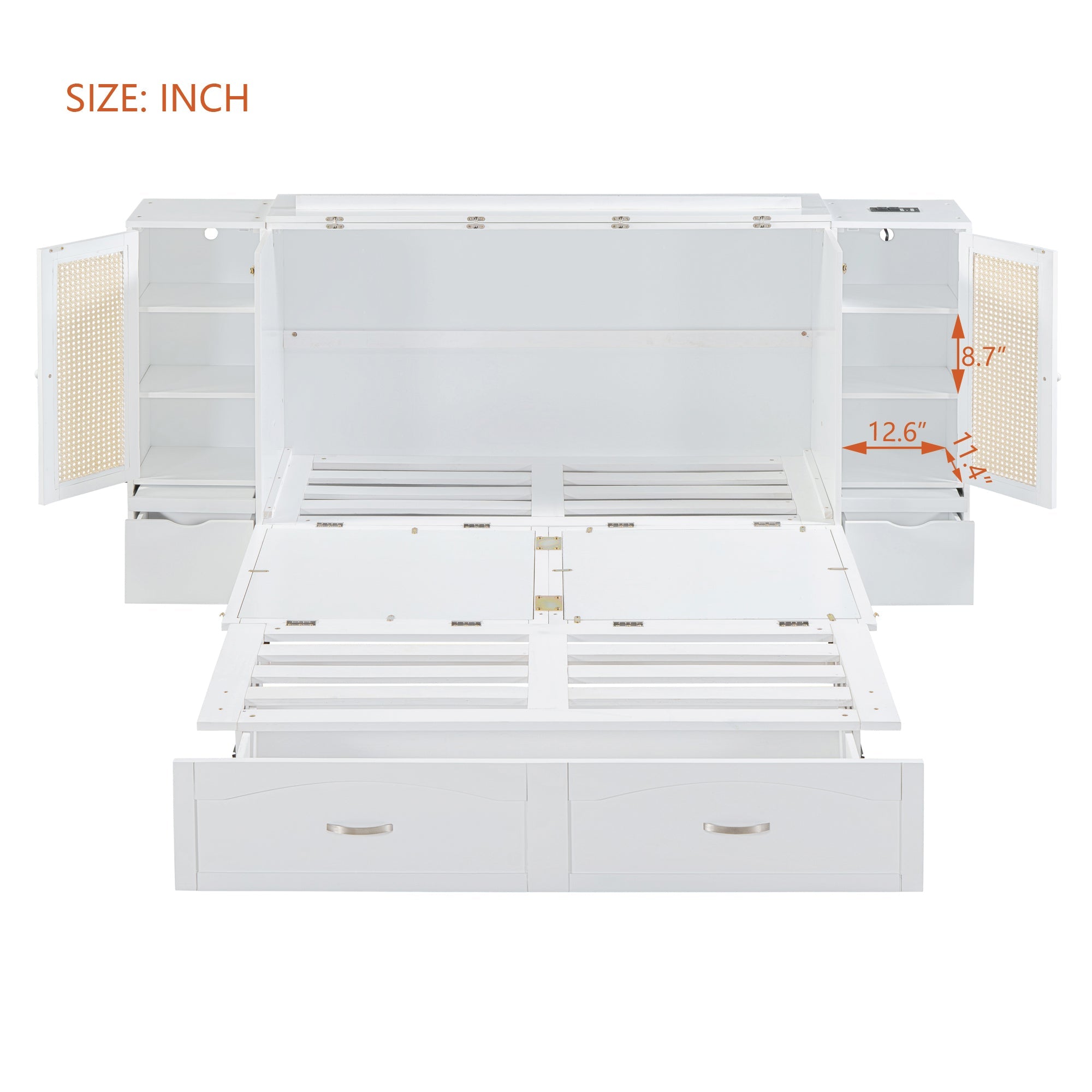Large Murphy bed wall mounted bed with drawers, 2 storage cabinets, 1 set of sockets and USB ports, white