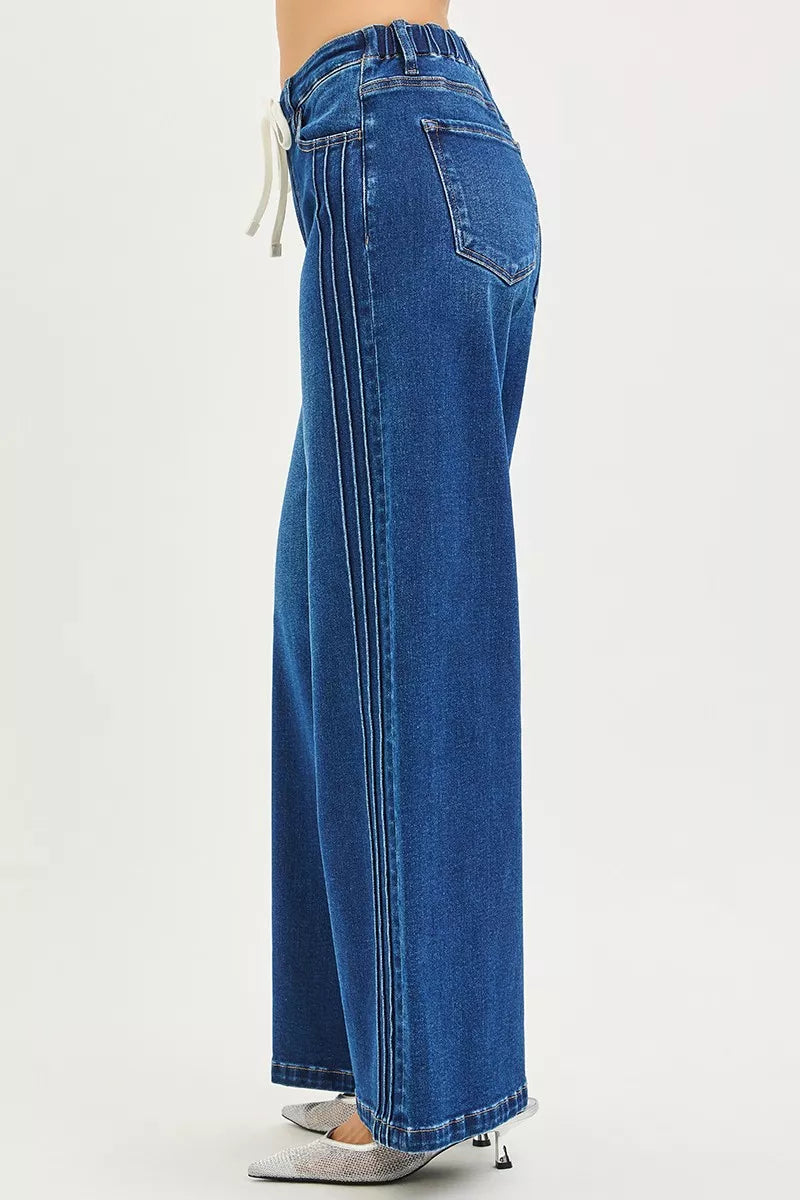 RISEN Full Size Mid Rise Wide Side Pintuck Jeans with Front Drawstring Plus Size