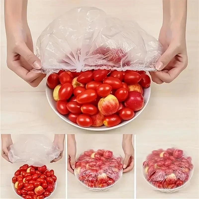 100-Piece Disposable Food Covers | Stretchable Plastic Wrap Bowl Covers for Fresh-Keeping
