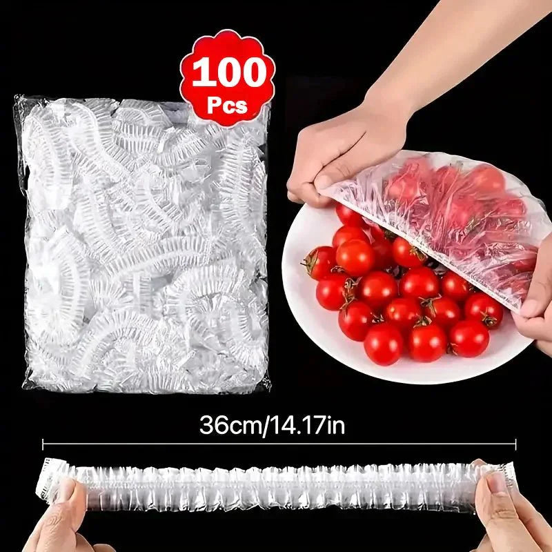 100-Piece Disposable Food Covers | Stretchable Plastic Wrap Bowl Covers for Fresh-Keeping