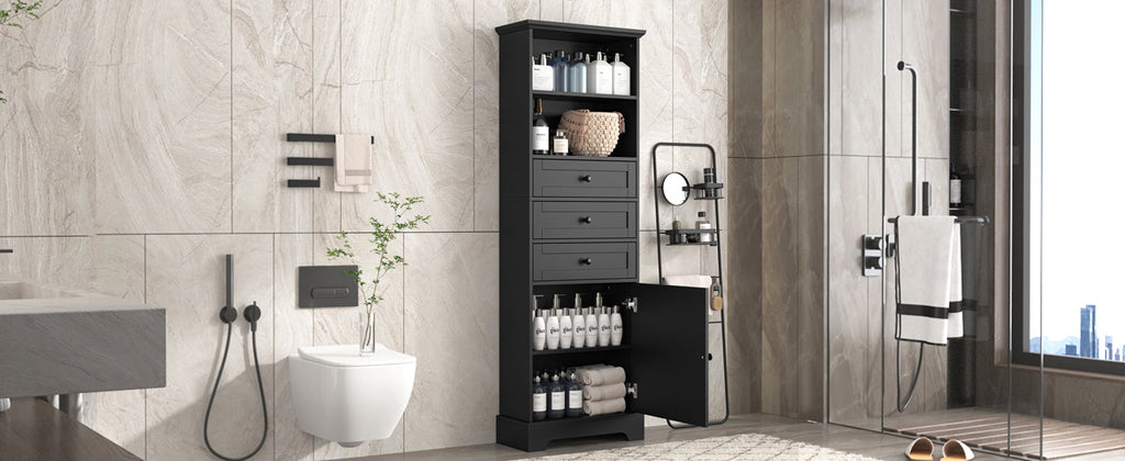 Black high storage cabinet with 3 drawers and adjustable shelves, MDF board painted