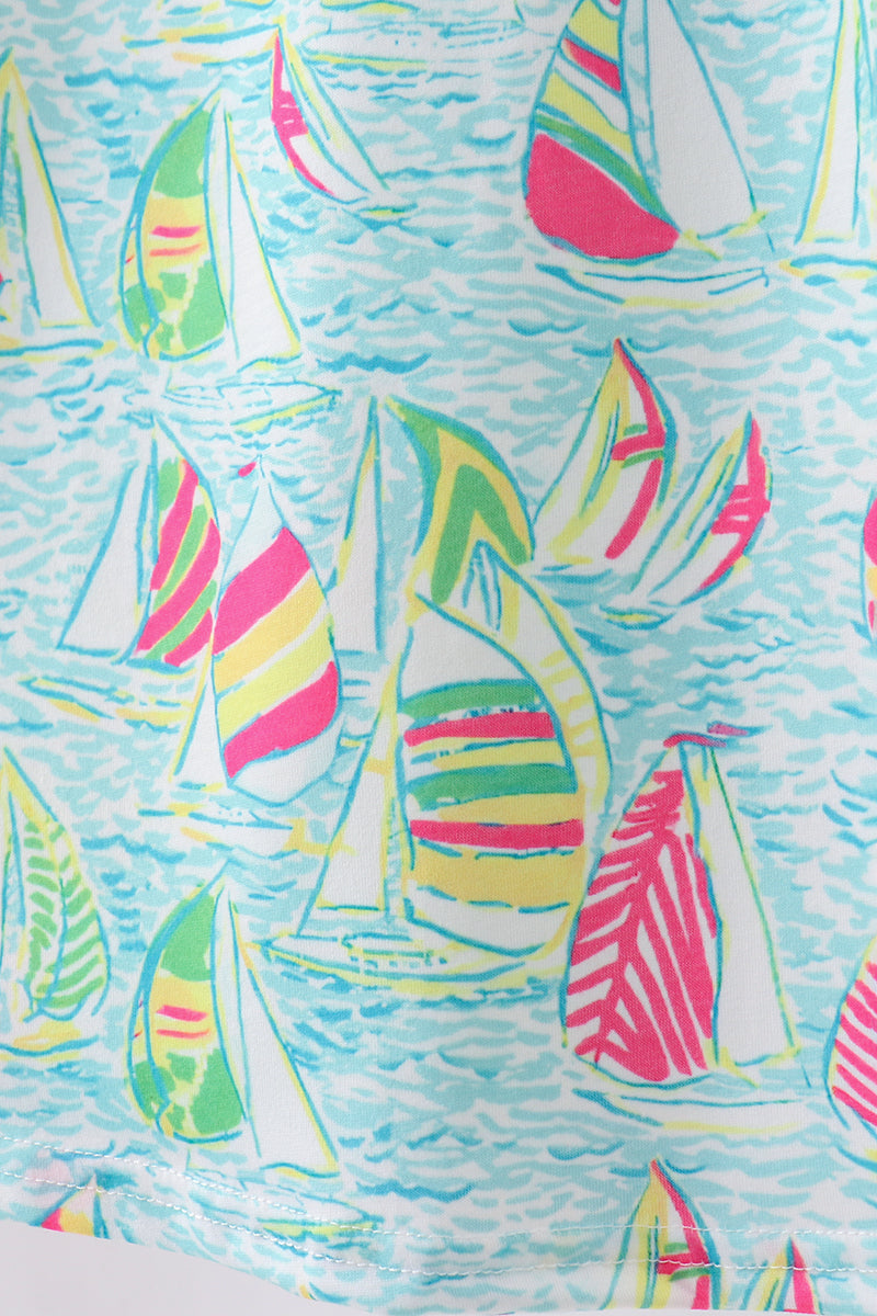 Blue sailboat print ruffle dress