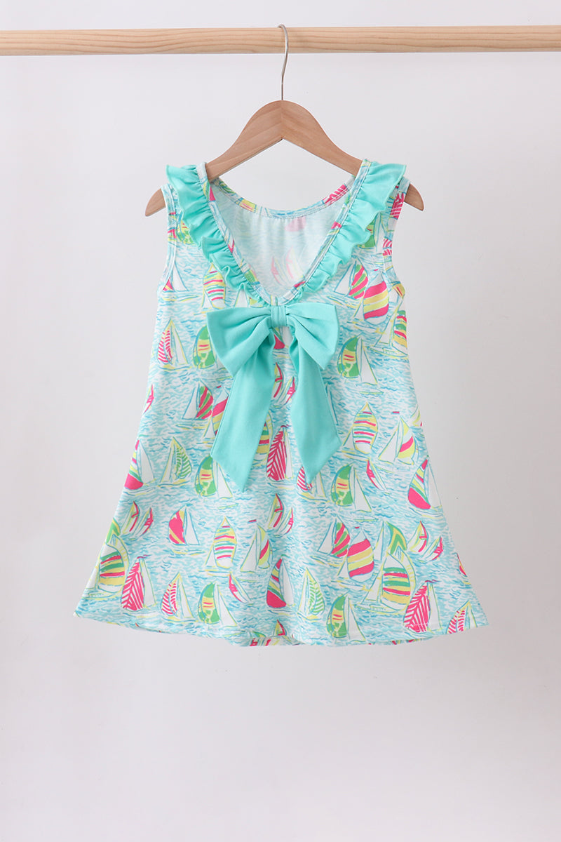 Blue sailboat print ruffle dress