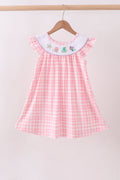 Pink octopus starfish embroidery plaid ruffle dress