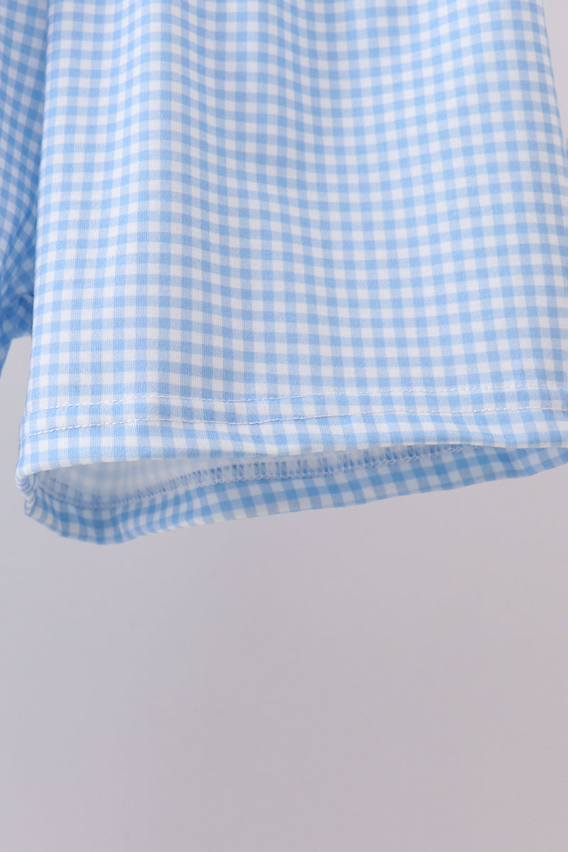Blue character embroidery gingham shorts set