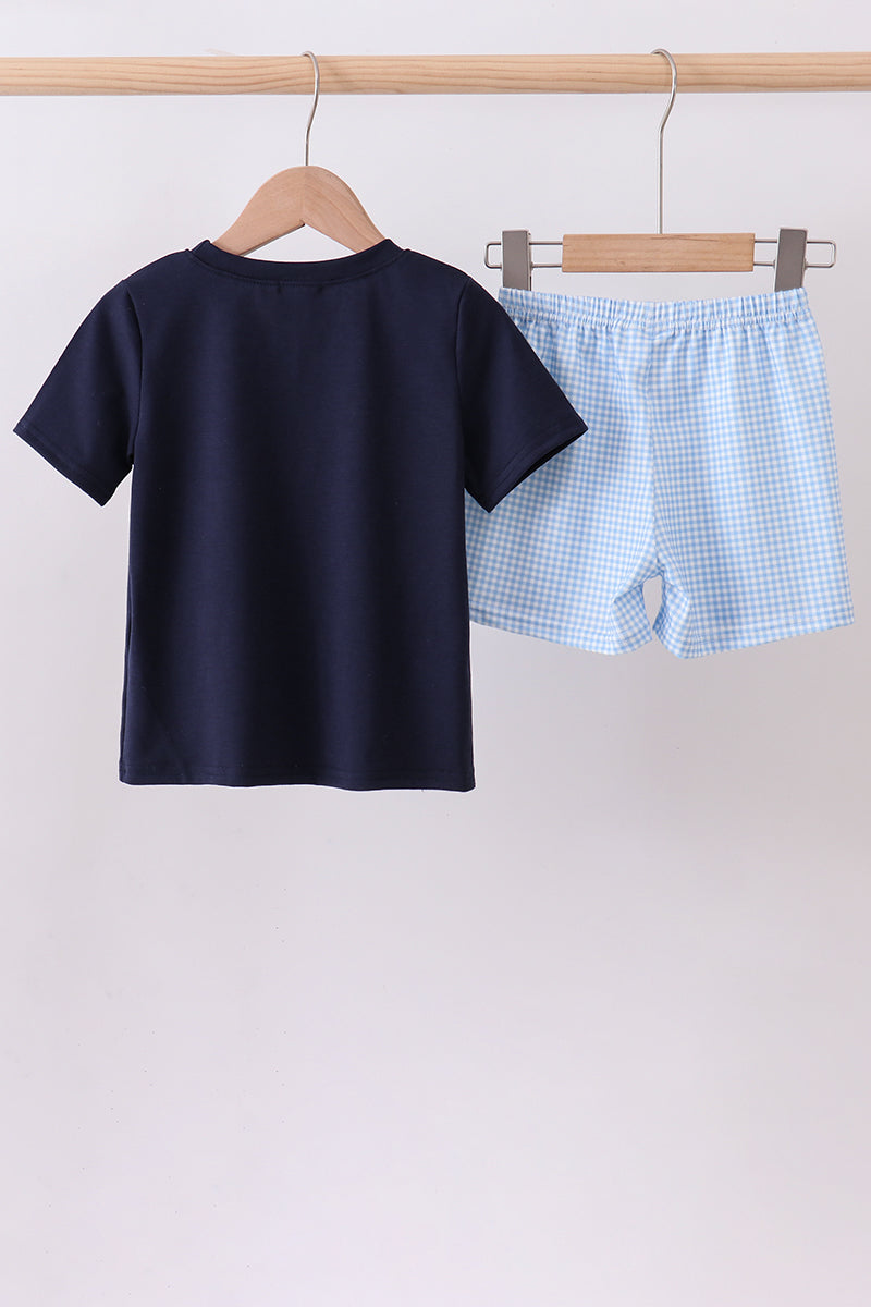 Blue character embroidery gingham shorts set