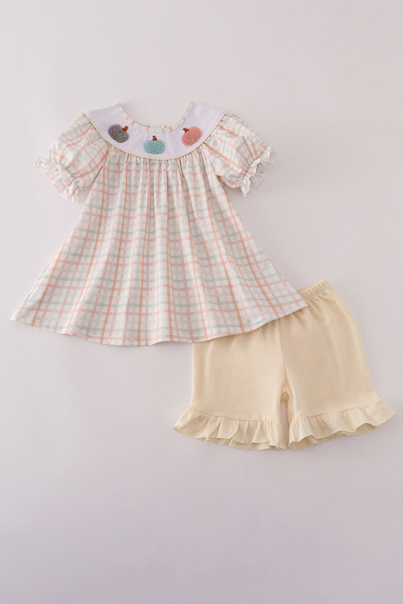 Neutral plaid french knot ruffle shorts set