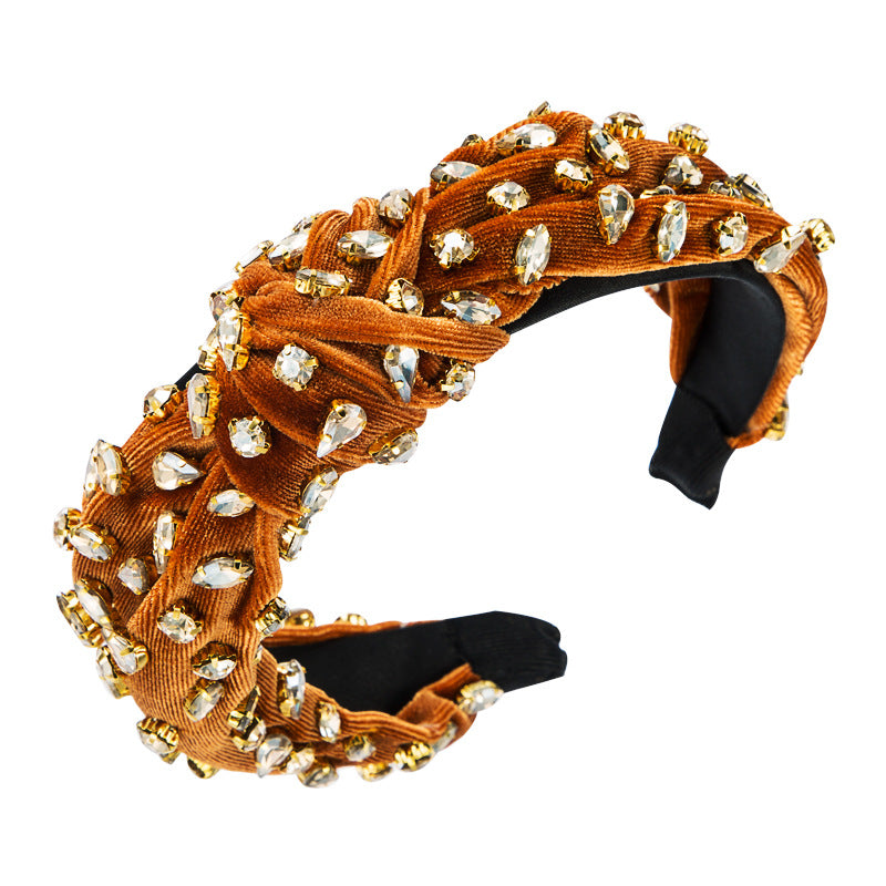 Exaggerated Fashion Hair Bands Female Corduroy Temperament Sweet Hair Ornaments Wide Side Knotted With Diamonds Headband