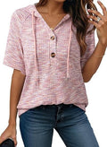 Short-sleeve Buttoned V-neck Waffle-knit Hooded Top