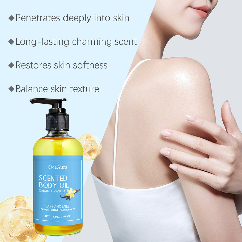 Caramel Vanilla Body Oil Hydrates Hydrating Skin Care Soothing Nourishing Skin Massage Oil
