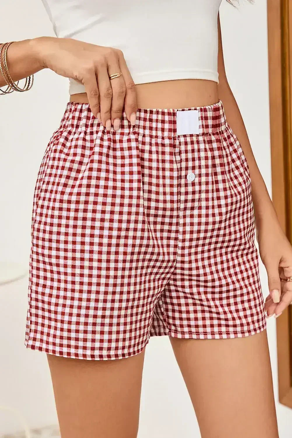Blue Vintage Gingham Print High Waisted Loose Shorts