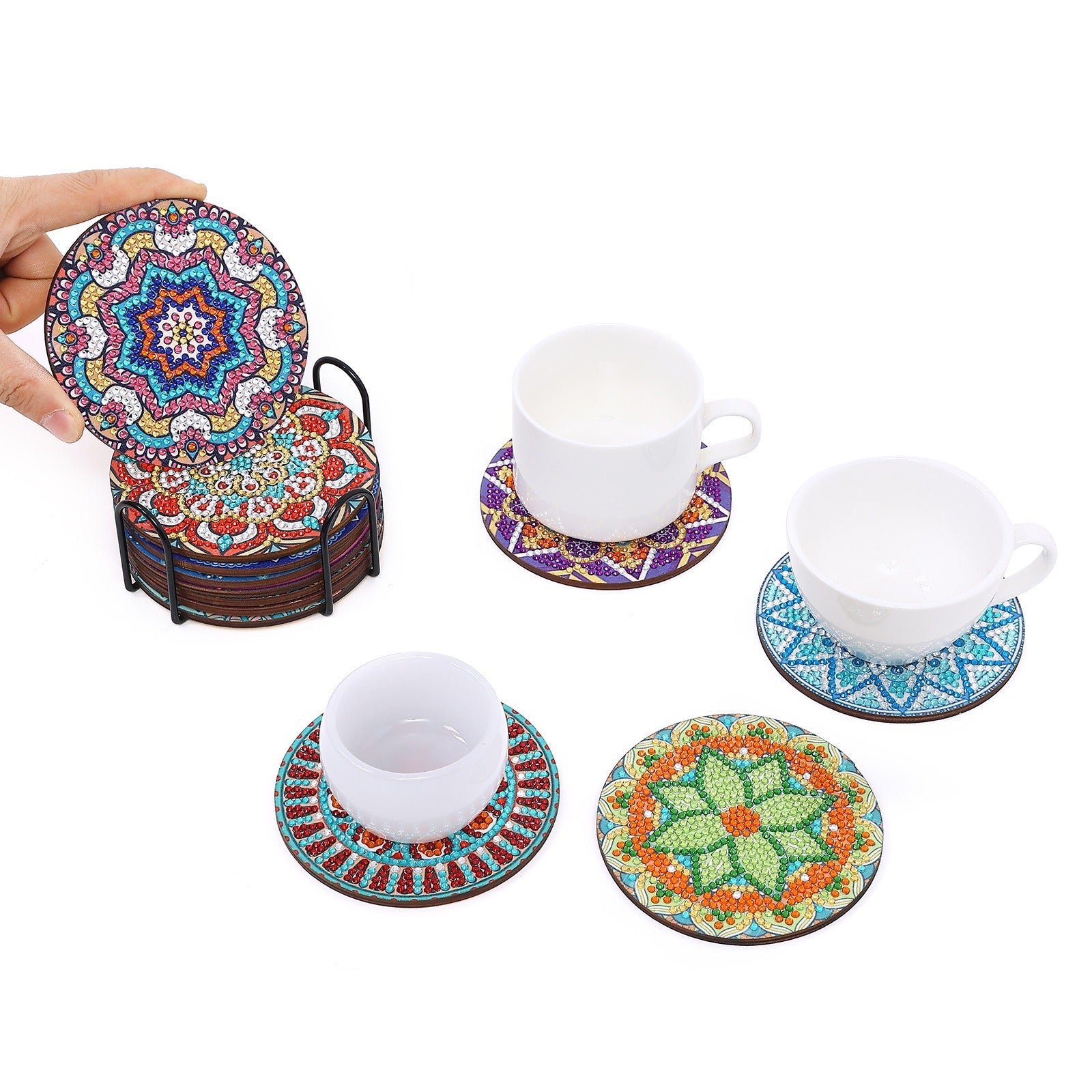 New DIY Diamond Painted Coaster Mat Set of 12 with Datura Pattern (Free Storage Shelf)