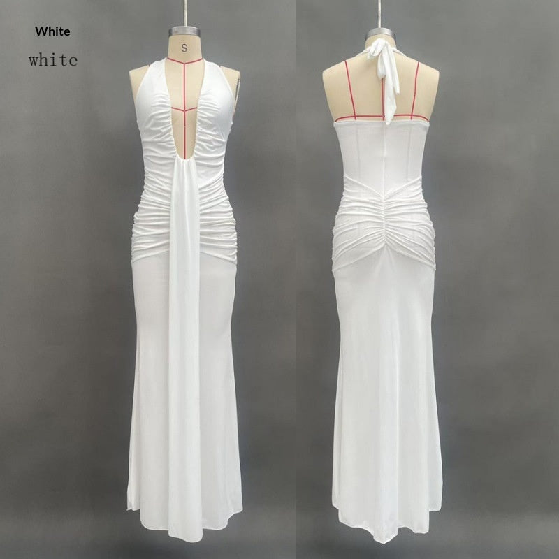 Solid Color Elegant Halter Deep V Waist-slimming Long Dress