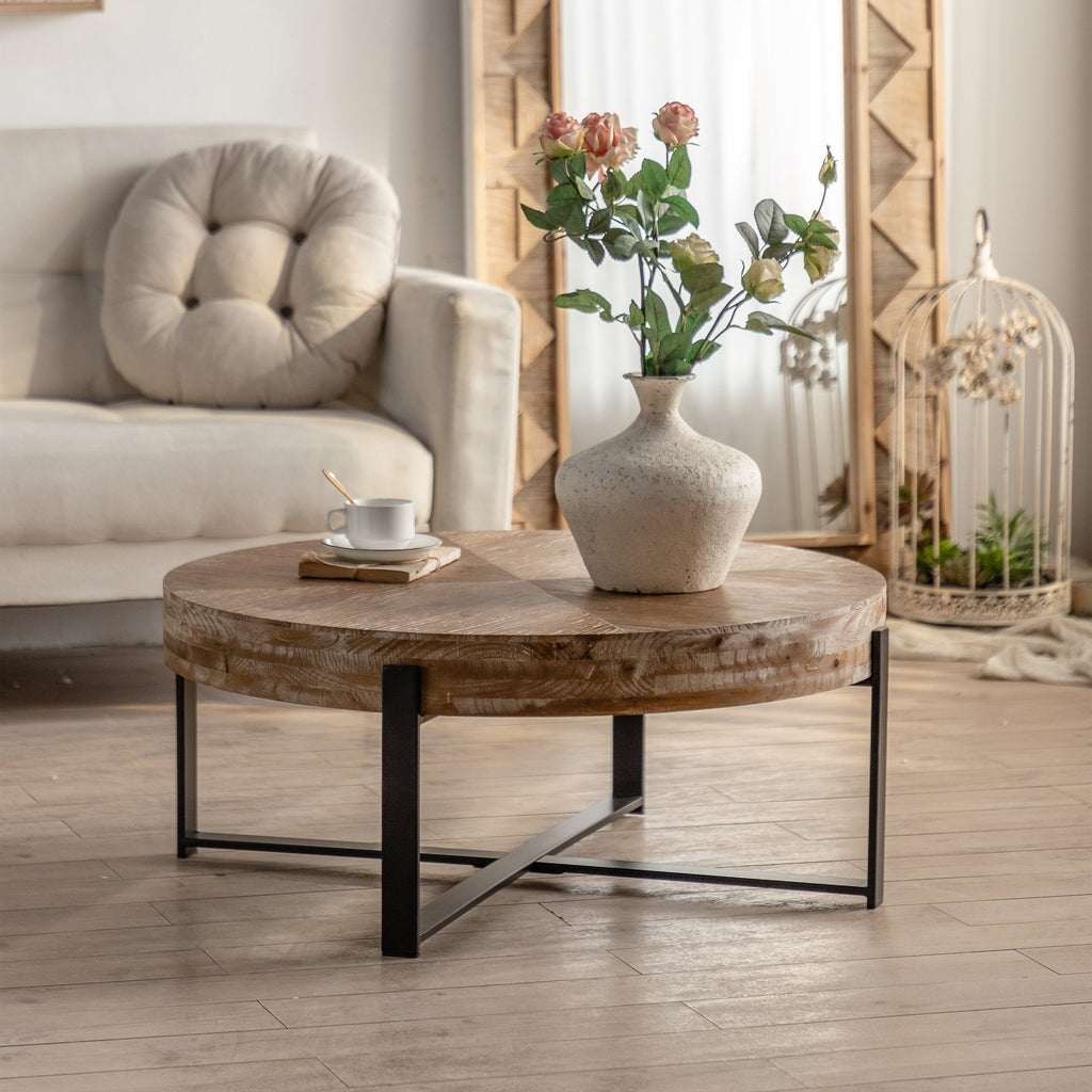 31.29"Modern Retro Splicing Round Coffee Table  Fir Wood Table Top with Cross Legs Metal Base(Same SKU:W757123560)