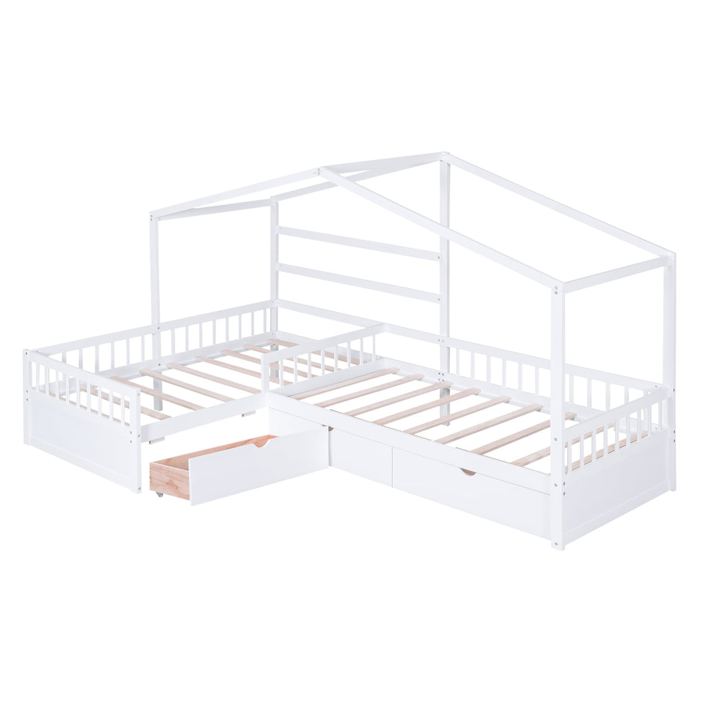 Twin Size House Platform Bed with Three Storage Drawers White