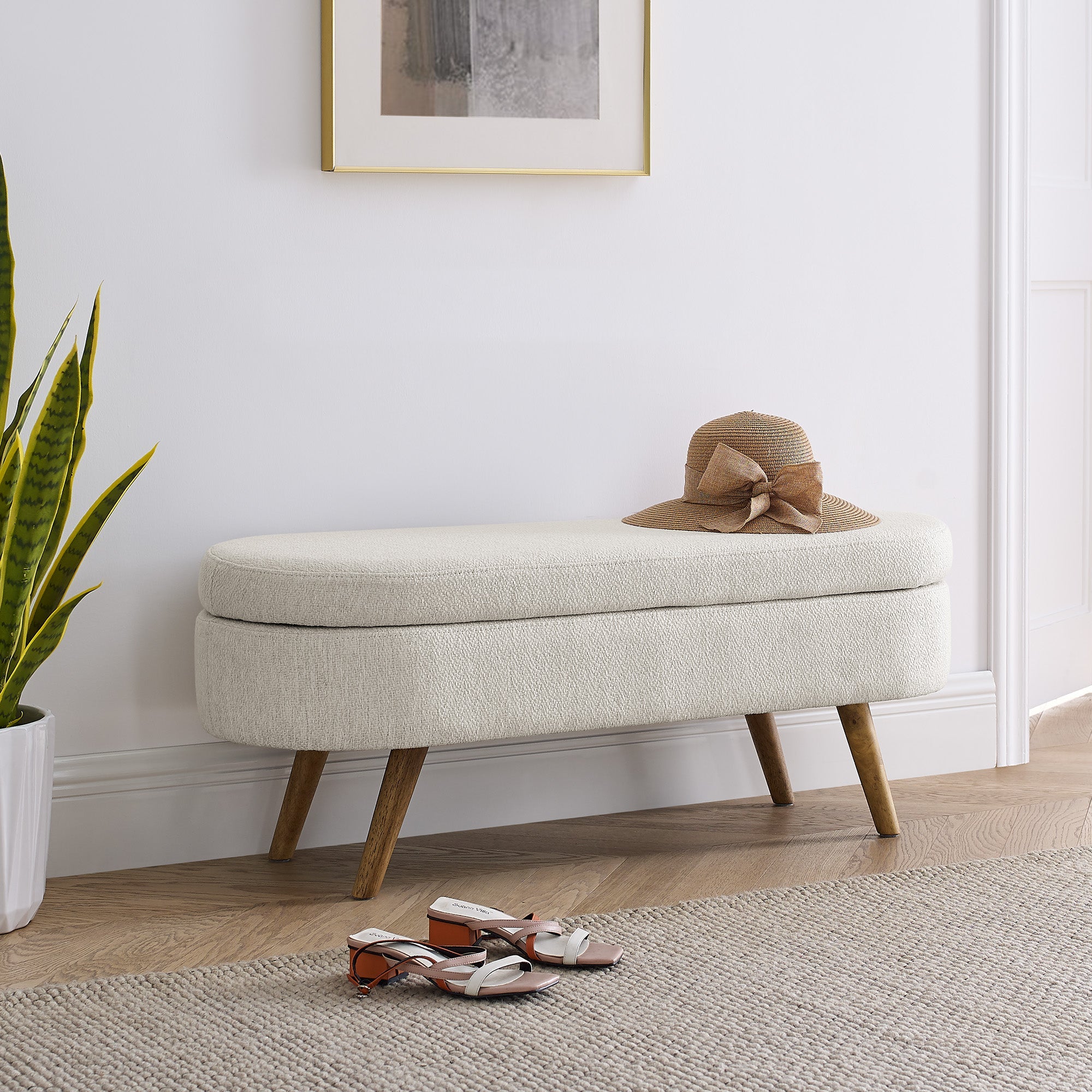 Ottoman Oval Storage Bench Rubber Wood Legs Beige(43.5"x16"x16")