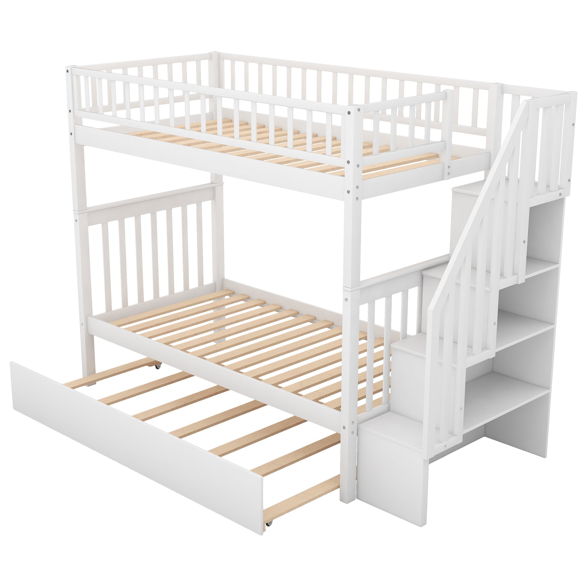 Twin over Twin Bunk Bed with Trundle and Storage  White