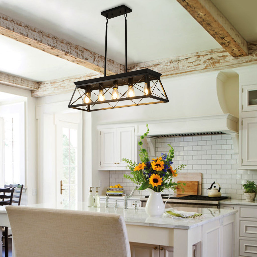 5-light farmhouse pendant light, metal pendant light island fixture, modern rectangular island light, pure black (no bulb)