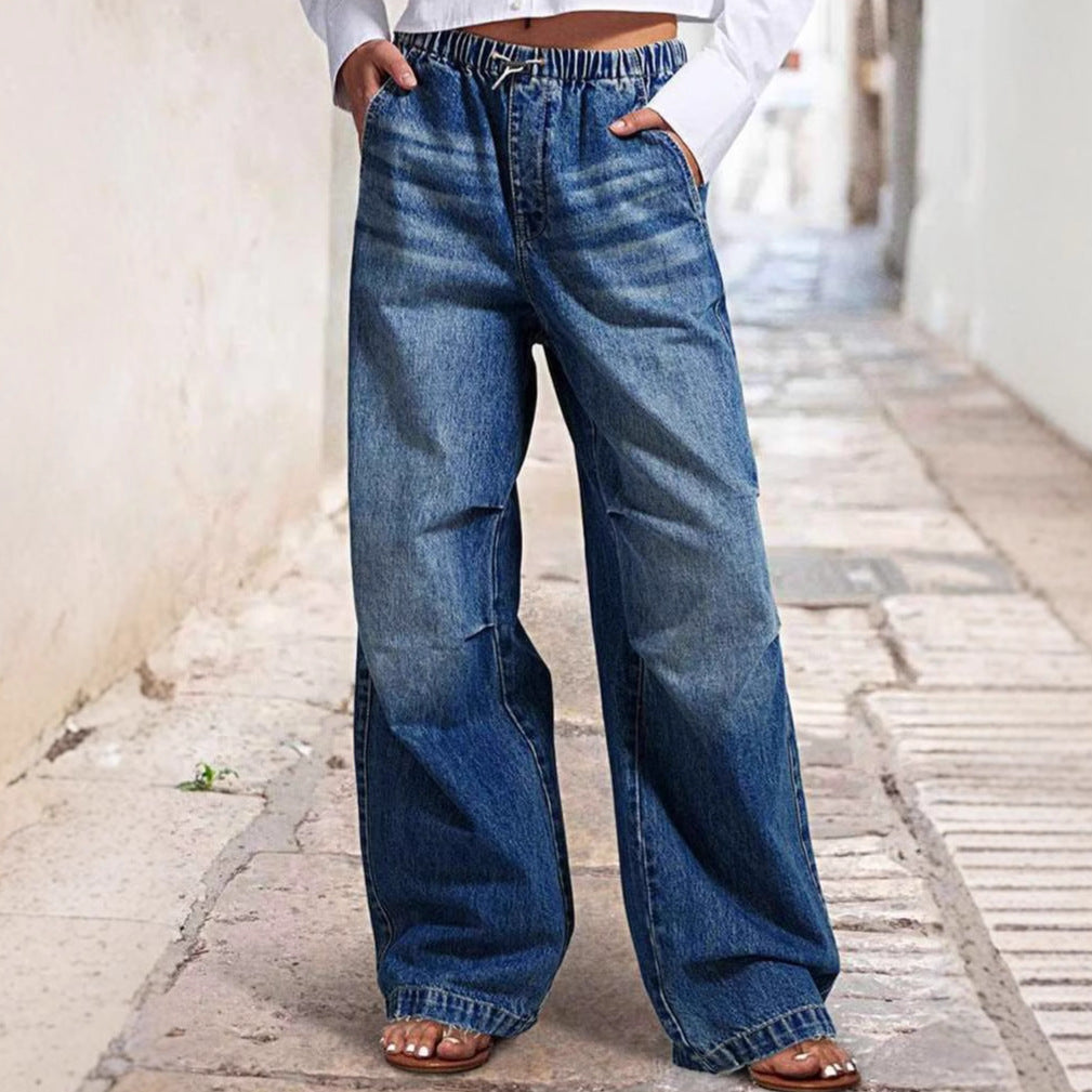 Mid waist wide leg pleated loose jeans women's street retro straight leg pants women