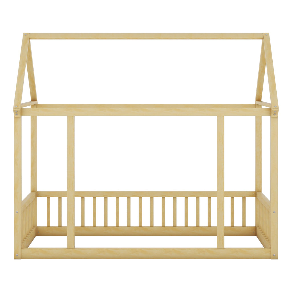 Twin Size Floor Wooden Bed with House Roof Frame and Safety Guardrails,Natural