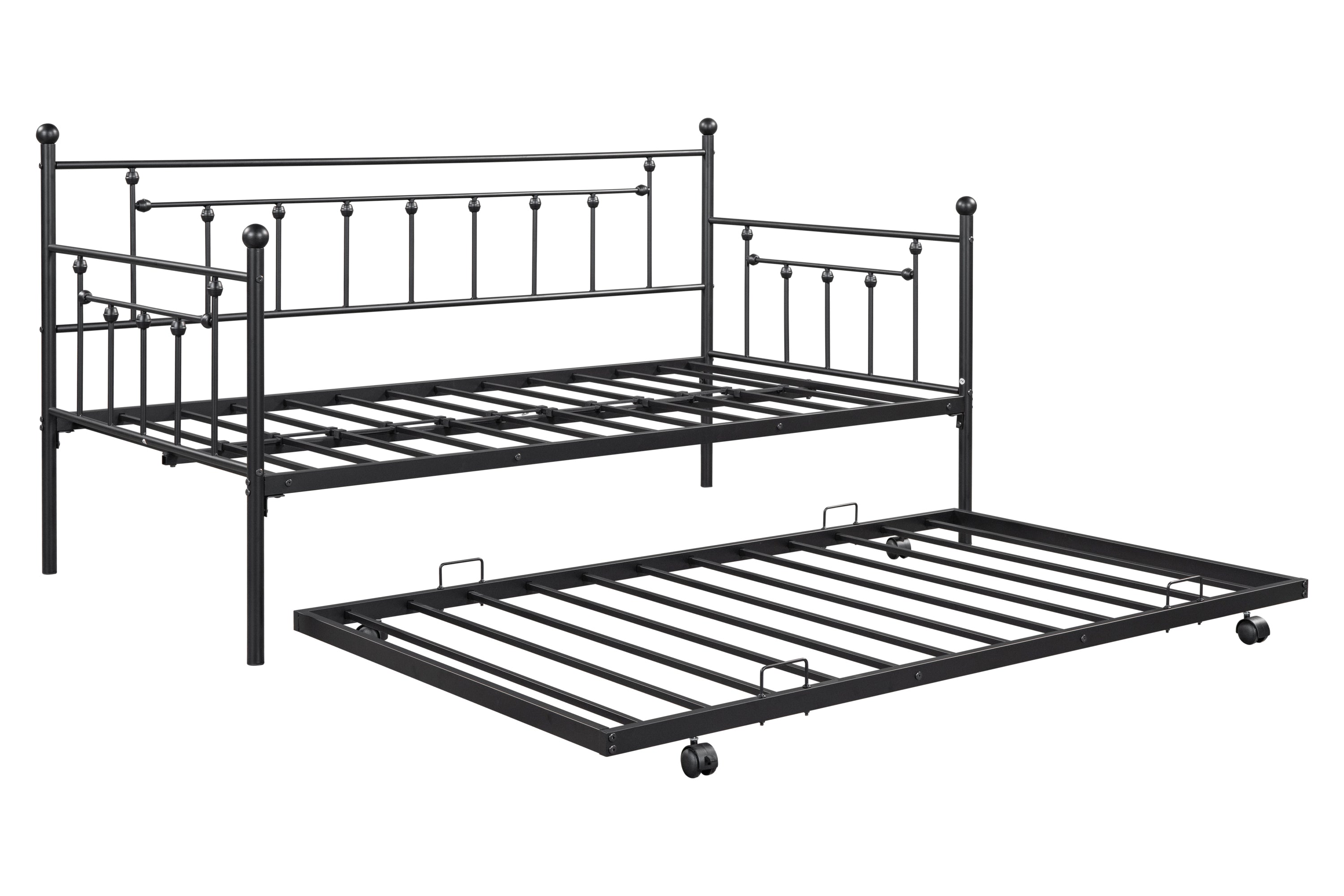 Metal double bed with ear shaft/sturdy/noise reduction/flexible ear shaft/retro style/no need for spring box (Black)