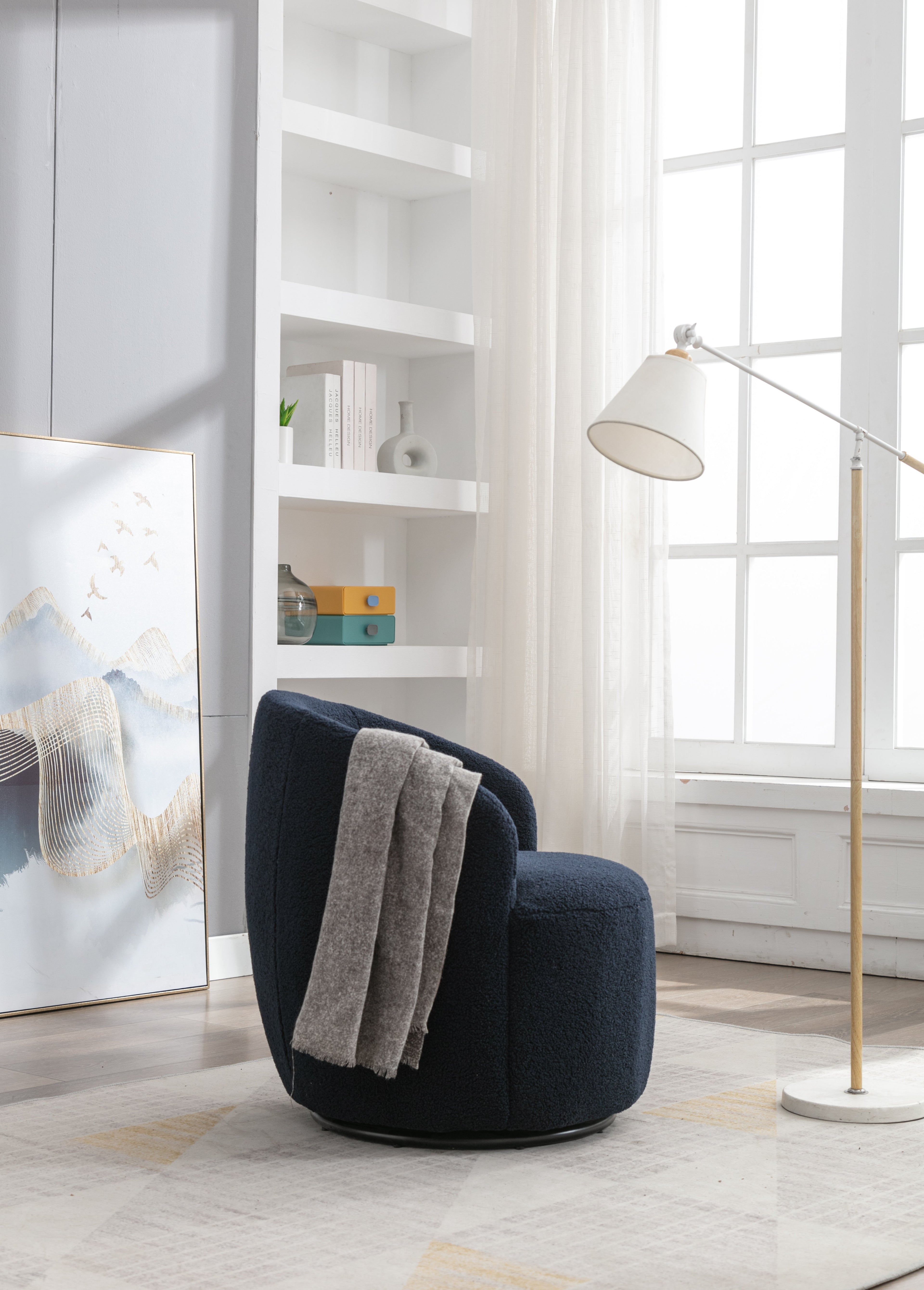 Teddy Fabric Swivel Accent Armchair Barrel Chair With Black Powder Coating Metal Ring Dark Blue