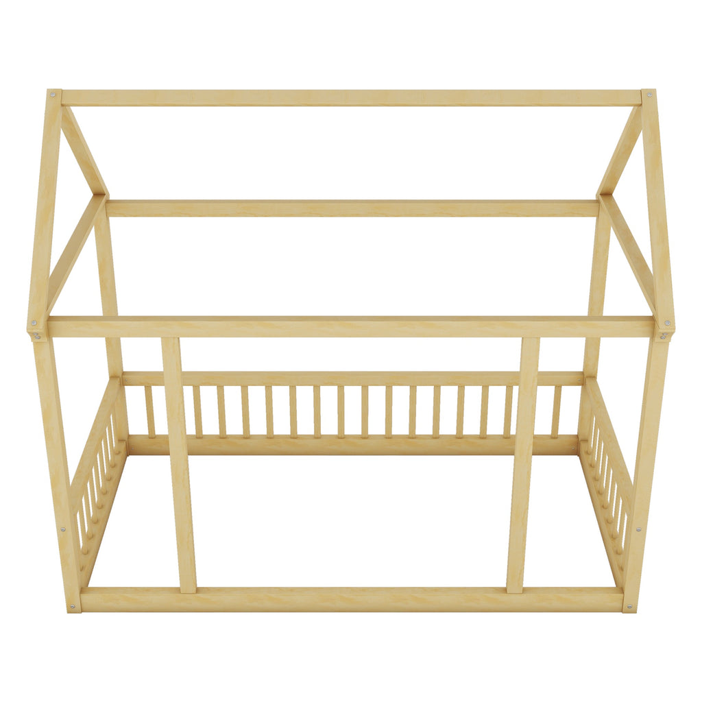 Twin Size Floor Wooden Bed with House Roof Frame and Safety Guardrails,Natural