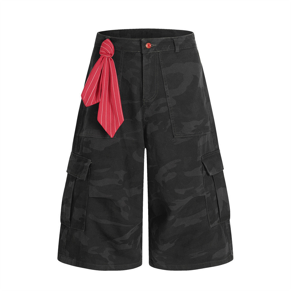 American Retro Camouflage Denim Seven-Quarter Shorts for Men, Loose Wide-Leg Multi-Pocket Design Workwear Five-Quarter Pants Trendy