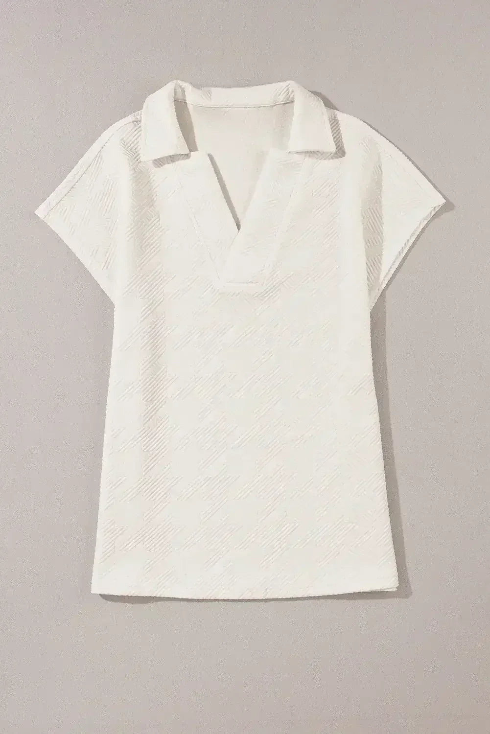 White Textured V Neck Collared Split Hem T Shirt