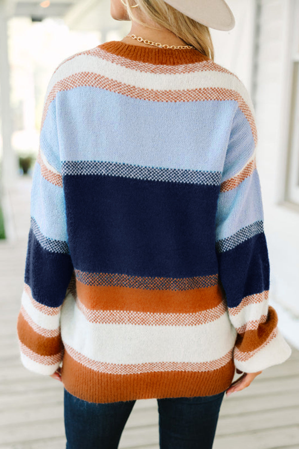 Dark Blue Color Block Round Neck Tunic Sweater