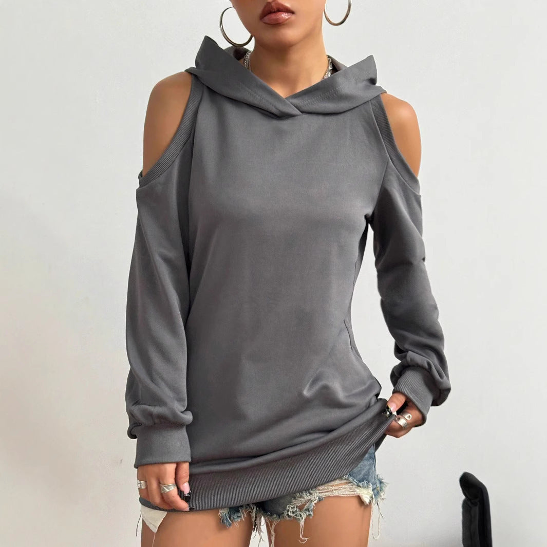 Autumn And Winter Solid Color Off-the-shoulder Hooded Women's Fashion Sweater
