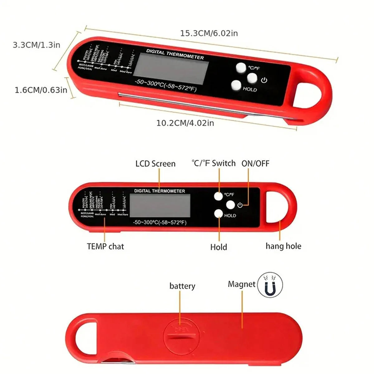 Digital backlit folding BBQ kitchen thermometer