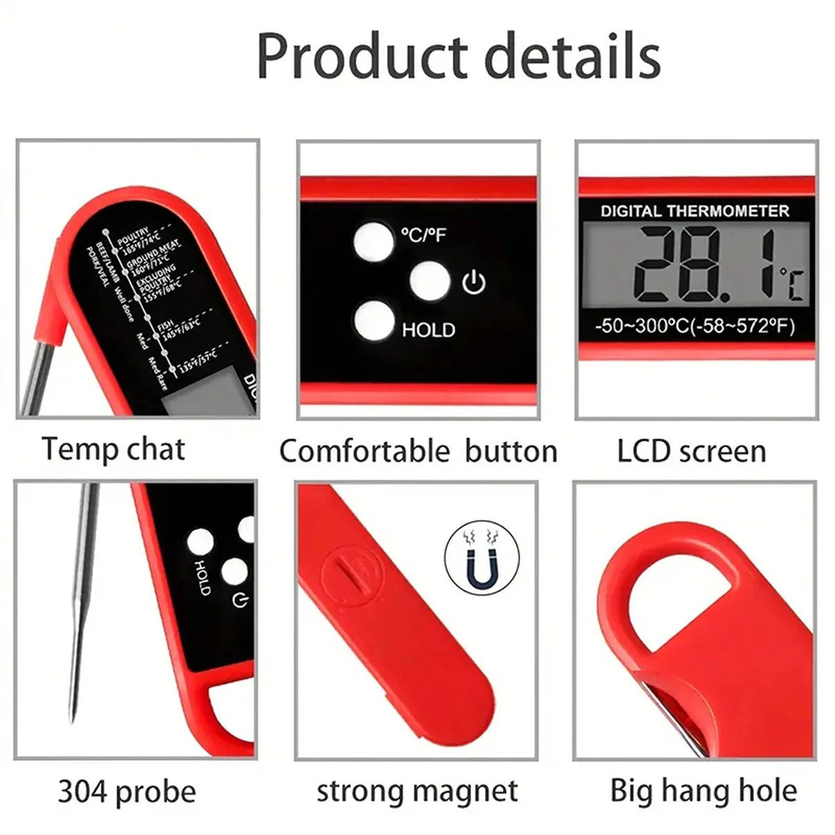 Digital backlit folding BBQ kitchen thermometer
