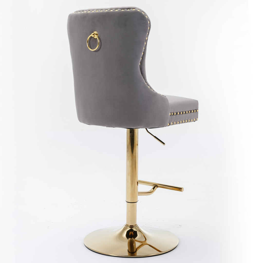 Thick gold rotating velvet bar stool with adjustable seat height of 25-33 inches and backrest (gray, set of 2 pieces)