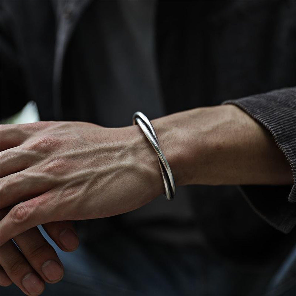 Handmade Twisted Wire Bracelet Men's Trendy Retro Pure Silver Open Bracelet Niche Design Jewelry