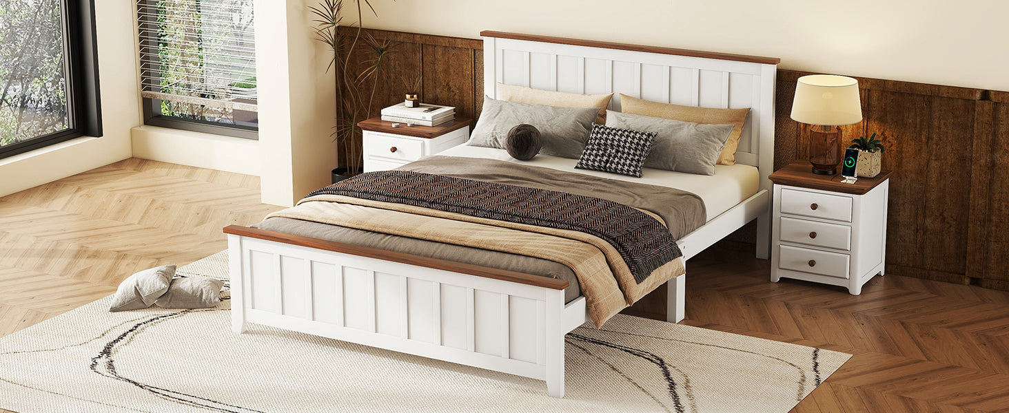 Full Size Wood Platform Bed Wooden Slat Support, Vintage Simple Bed Frame with Rectangular Headboard and Footboard, White